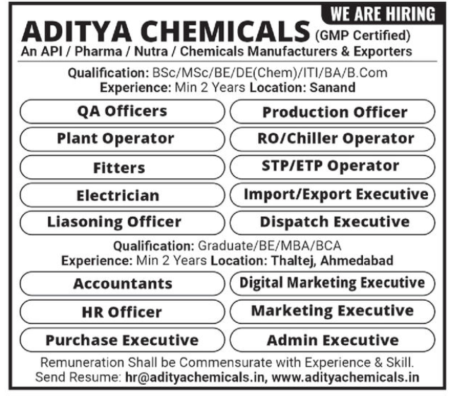 Aditya Chemicals Latest Job Opening 2025